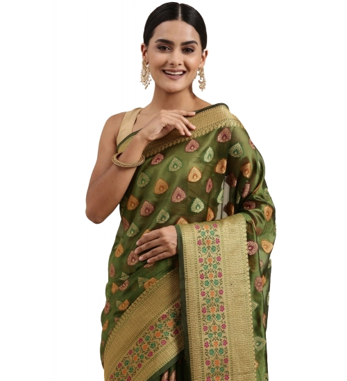 Women's Organza Printed Saree With Unstitched Blouse (Mahendi, 5-6 Mtrs)