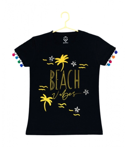 Girl's Casual Short Sleeve Printed Cotton T Shirt (Black)