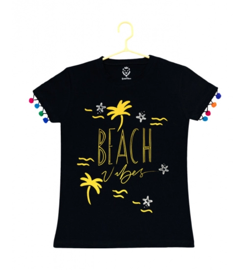 Girl's Casual Short Sleeve Printed Cotton T Shirt (Black)