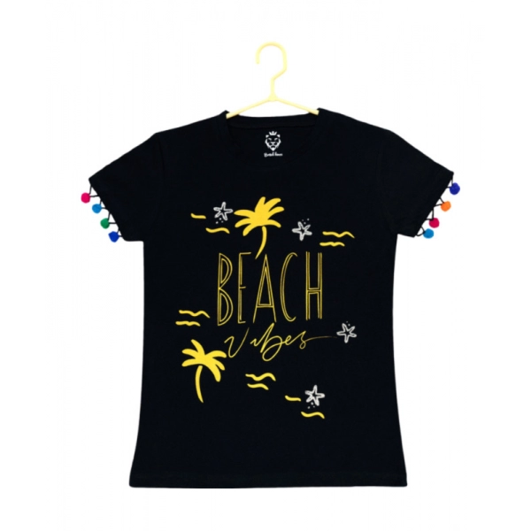 Dropship Girl's Casual Short Sleeve Printed Cotton T Shirt (Black)
