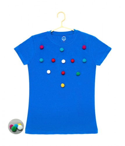 Girl's Casual Short Sleeve Pom Pom Balls Cotton T Shirt (Royal Blue)