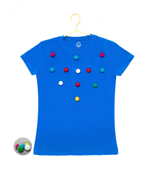 Girl's Casual Short Sleeve Pom Pom Balls Cotton T Shirt (Royal Blue)