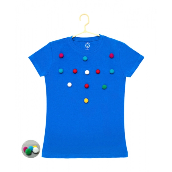 Dropship Girl's Casual Short Sleeve Pom Pom Balls Cotton T Shirt (Royal Blue)