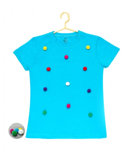 Girl's Casual Short Sleeve Pom Pom Balls Cotton T Shirt (Blue)