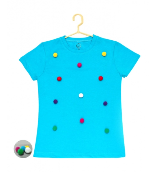 Girl's Casual Short Sleeve Pom Pom Balls Cotton T Shirt (Blue)