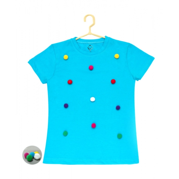 Dropship Girl's Casual Short Sleeve Pom Pom Balls Cotton T Shirt (Blue)