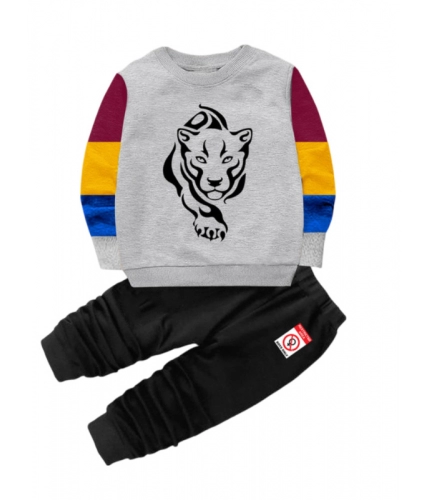 Boy's Casual Full Sleeve Printed Cotton T Shirt With Pant (Grey)