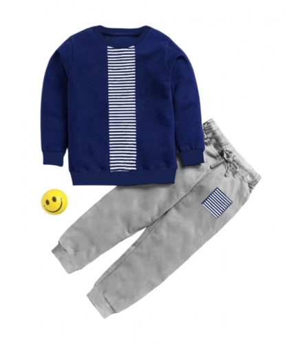 Boy's Casual Full Sleeve Printed Cotton T Shirt With Pant (Navy Blue)