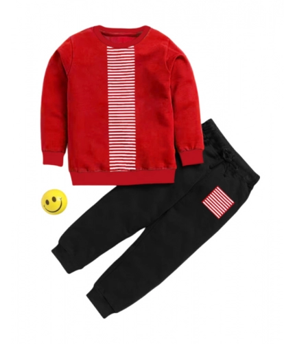Boy's Casual Full Sleeve Printed Cotton T Shirt With Pant (Red)