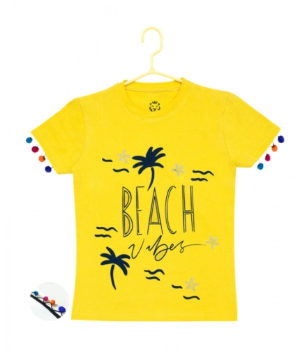 Girl's Casual Short Sleeve Printed Cotton T Shirt (Yellow)