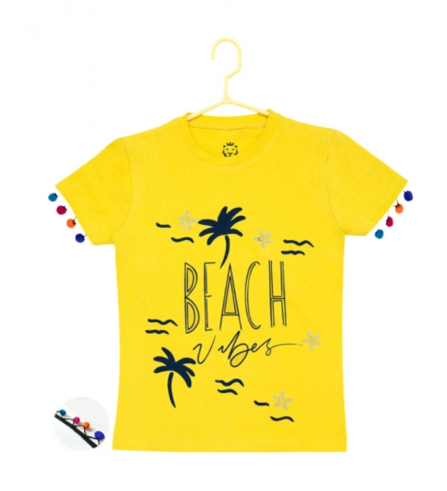 Girl's Casual Short Sleeve Printed Cotton T Shirt (Yellow)