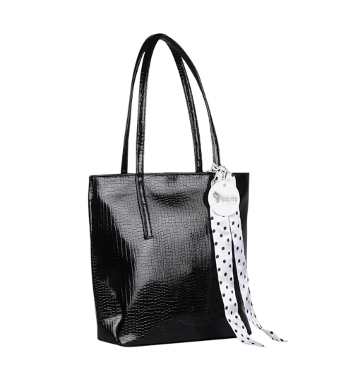 Women's Polyurethane Textured, Croc Shoulder Bag (Black)