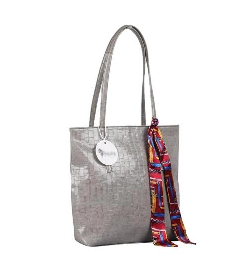 Women's Polyurethane Textured, Croc Shoulder Bag (Grey)