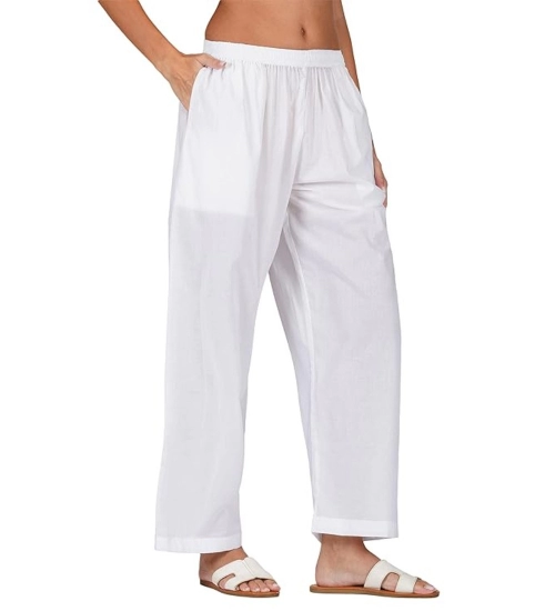 Women's Casual Cotton Cambric Solid Elastic Palazzo Trousers (White)
