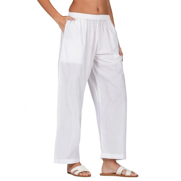 Dropship Women's Casual Cotton Cambric Solid Elastic Palazzo Trousers (White)
