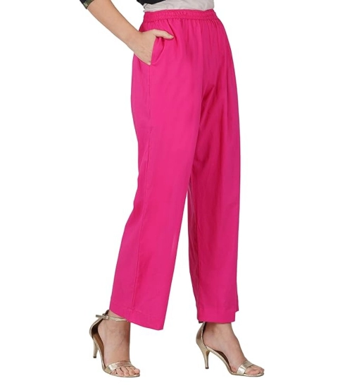 Women's Casual Cotton Cambric Solid Elastic Palazzo Trousers (Pink)