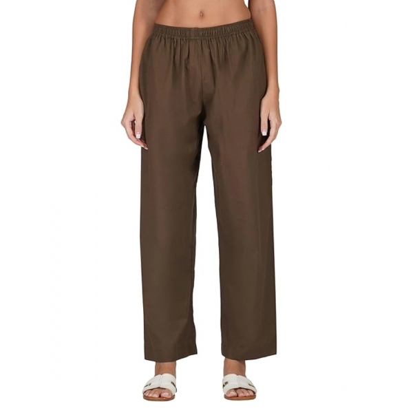 Dropship Women's Casual Cotton Cambric Solid Elastic Palazzo Trousers (Brown)