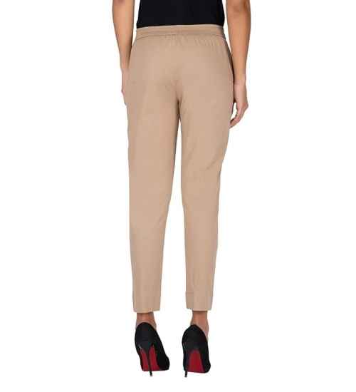 Women's Casual Cotton Lycra Solid Trouser Pants (Beige)