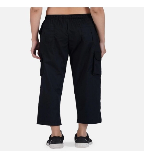 Women's Casual Cotton Solid Cargo Pants (Black)