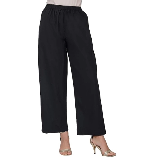 Women's Casual Cotton Cambric Solid Elastic Palazzo Trousers (Black)