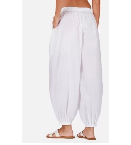 Women's Casual Cotton Cambric Solid Elastic Waist Patiala Harem Pants (White)