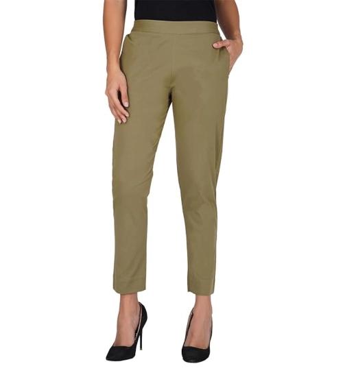 Women's Casual Cotton Lycra Solid Trouser Pants (Green)