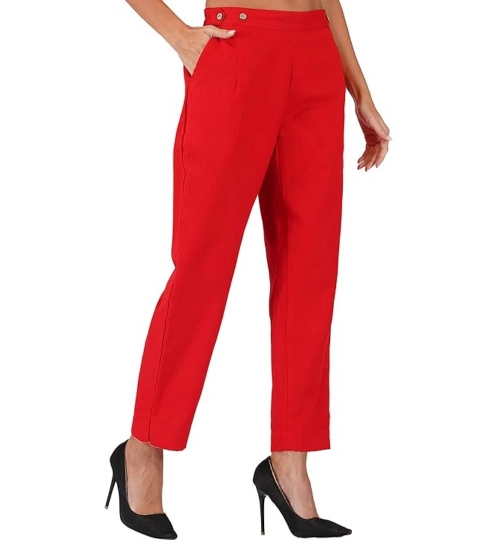 Women's Casual Cotton Flax Solid Adjustable Waist Trouser Pants (Red)