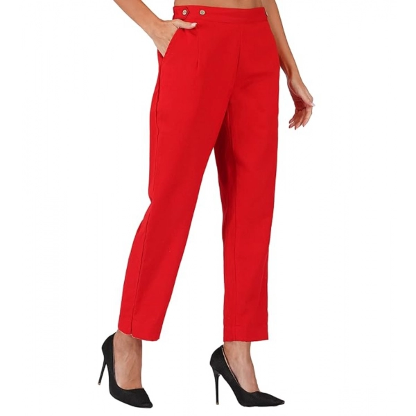 Dropship Women's Casual Cotton Flax Solid Adjustable Waist Trouser Pants (Red)