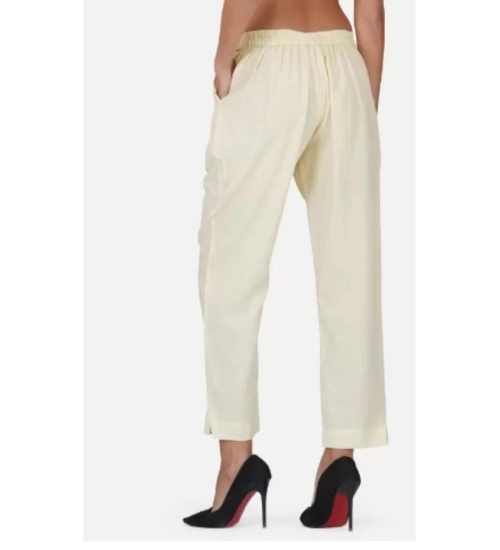 Women's Casual Cotton Flax Solid Adjustable Waist Trouser Pants (Cream)