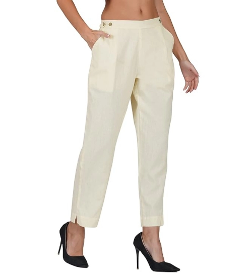Women's Casual Cotton Flax Solid Adjustable Waist Trouser Pants (Cream)