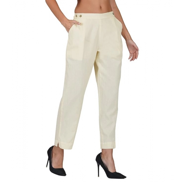 Dropship Women's Casual Cotton Flax Solid Adjustable Waist Trouser Pants (Cream)