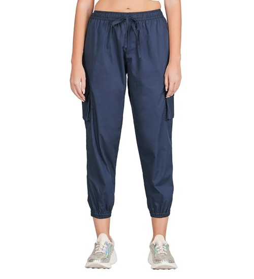 Women's Casual Cotton Solid Elastic with Drawstring Cargo Pants (Navy Blue)