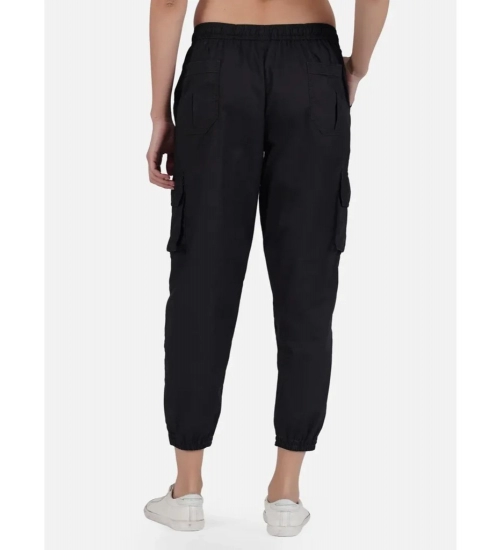 Women's Casual Cotton Solid Elastic with Drawstring Cargo Pants (Black)