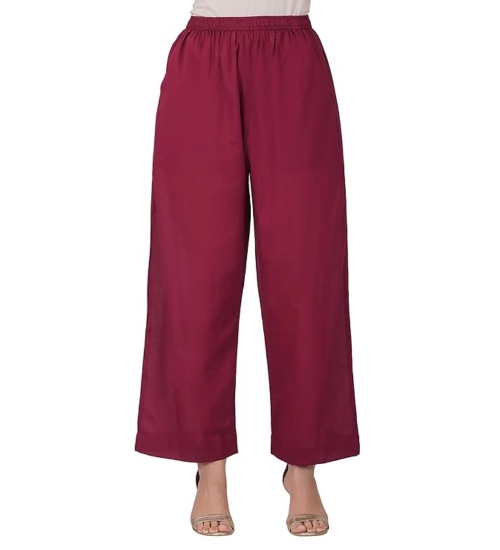 Women's Casual Cotton Cambric Solid Elastic Palazzo Trousers (Maroon)