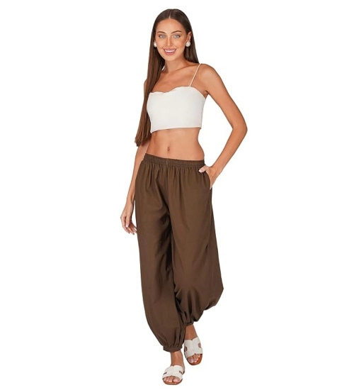 Women's Casual Cotton Cambric Solid Elastic Waist Patiala Harem Pants (Brown)