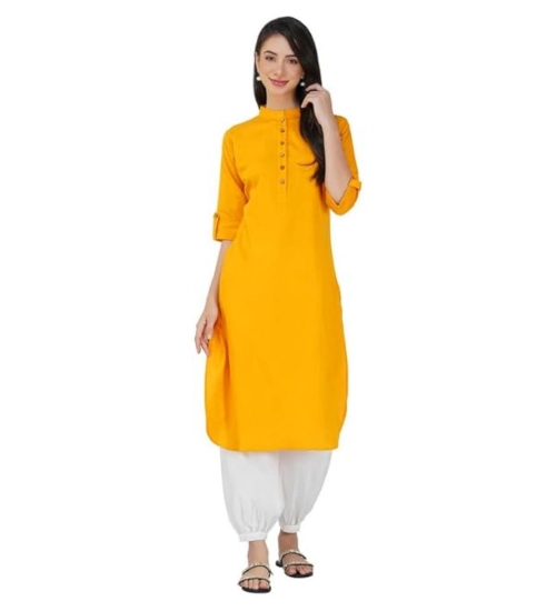 Women's Casual Cotton Solid 3-4 Sleeve Kurti (Yellow)