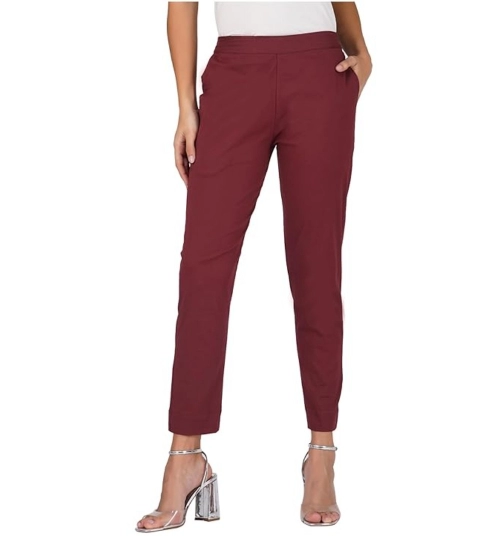 Women's Casual Cotton Lycra Solid Trouser Pants (Maroon)