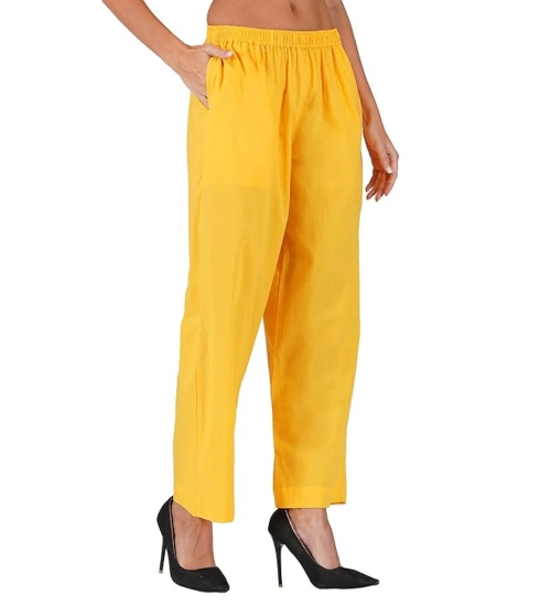 Women's Casual Cotton Cambric Solid Elastic Palazzo Trousers (Yellow)