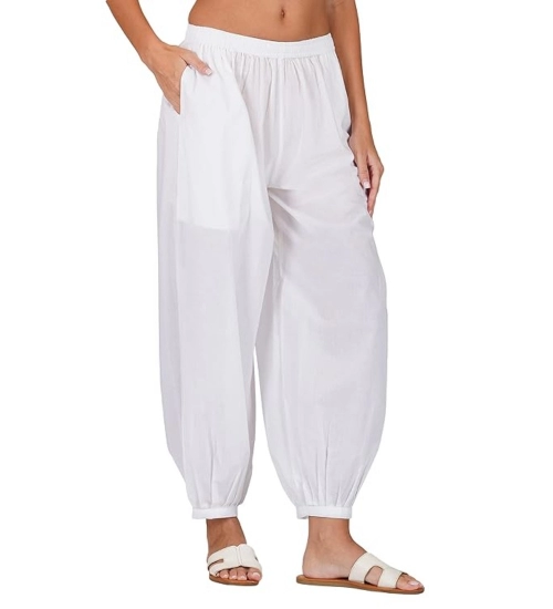 Women's Casual Cotton Cambric Solid Elastic Waist Patiala Harem Pants (White)