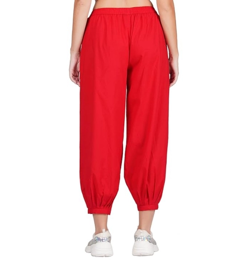 Women's Casual Cotton Cambric Solid Elastic Waist Patiala Harem Pants (Red)