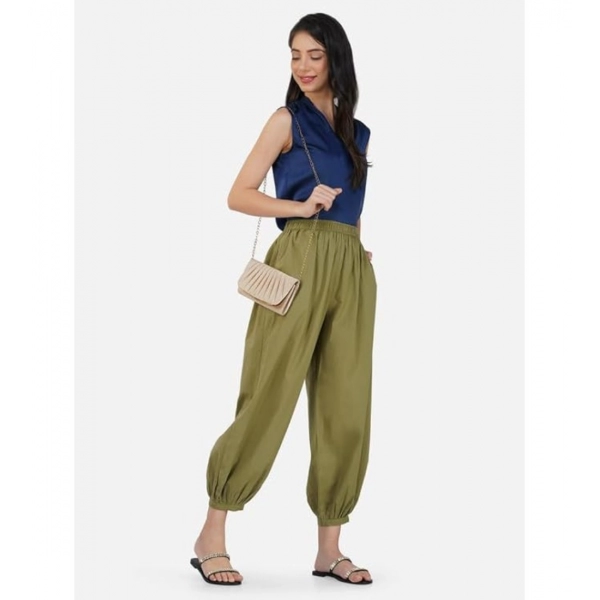Dropship Women's Casual Cotton Cambric Solid Elastic Waist Patiala Harem Pants (Green)