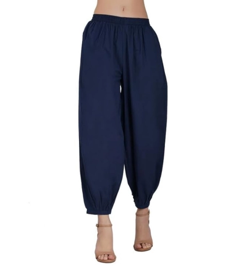 Women's Casual Cotton Cambric Solid Elastic Waist Patiala Harem Pants (Navy Blue)
