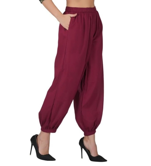 Women's Casual Cotton Cambric Solid Elastic Waist Patiala Harem Pants (Maroon)