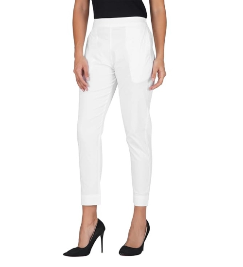 Women's Casual Cotton Lycra Solid Trouser Pants (White)
