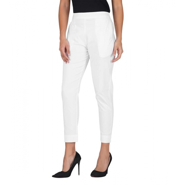 Dropship Women's Casual Cotton Lycra Solid Trouser Pants (White)
