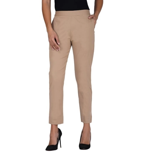 Women's Casual Cotton Lycra Solid Trouser Pants (Beige)