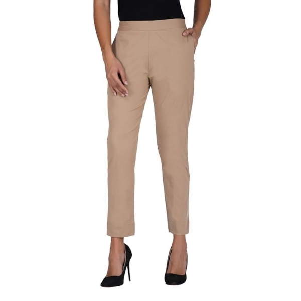 Dropship Women's Casual Cotton Lycra Solid Trouser Pants (Beige)