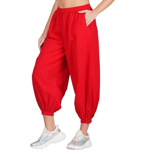 Women's Casual Cotton Cambric Solid Elastic Waist Patiala Harem Pants (Red)