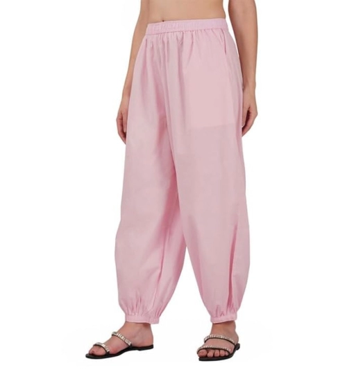 Women's Casual Cotton Cambric Solid Elastic Waist Patiala Harem Pants (Pink)