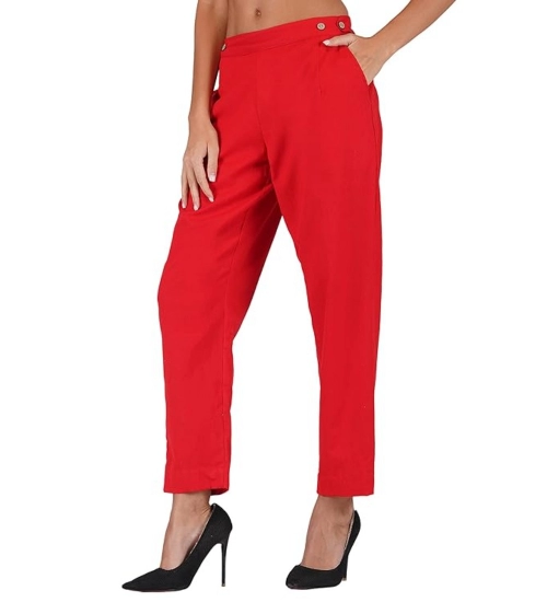 Women's Casual Cotton Flax Solid Adjustable Waist Trouser Pants (Red)